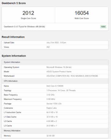 Listagem Intel Core i5-13600K Geekbench (imagem via Geekbench)