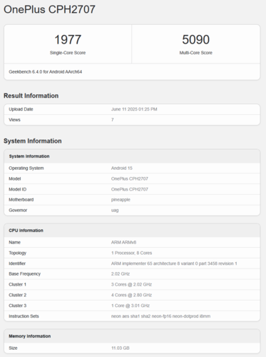 Listagem do OnePlus Nord 5 no Geekbench (fonte da imagem: Geekbench)