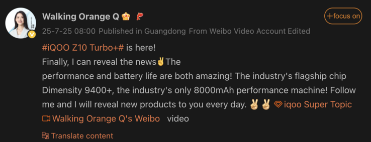 Destaques do próximo iQoo Z10 Turbo+. (Fonte da imagem: Weibo - tradução automática)