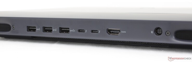 Traseira: 3x USB-A 3.2 Gen. 1 (5 Gbps), 2x USB-C Thunderbolt 5 com DisplayPort 2.1 + Power Delivery, HDMI 2.1, adaptador CA