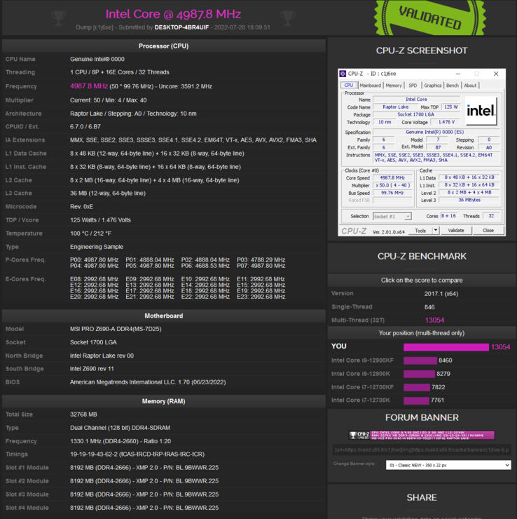 Listagem do validador Intel Core i9-13900K CPU-Z (imagem via validador CPU-Z)