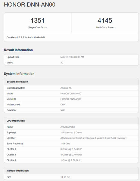 Listagem do Geekbench do Snapdagon 7 Gen 4 (fonte da imagem: Geekbench)