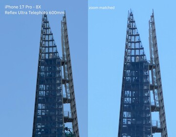 iPhone 17 Pro - zoom sem perdas de 24x com a lente de 300-600 mm (esquerda) vs. zoom digital de 24x (direita).