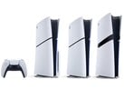 Controle DualSense do PlayStation, console PS5 com leitor de discos, PS5 Digital Edition e PS5 Pro (da esquerda para a direita).