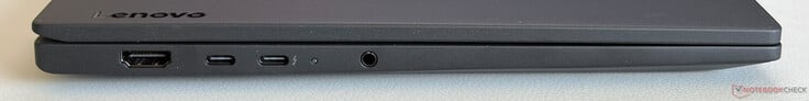 Lado esquerdo: HDMI 2.1, USB-C 3.2 Gen.1 (5 Gbps, DisplayPort 1.2, Power Delivery), USB-C 4.0 com Thunderbolt 4 (40 Gbps, DisplayPort 2.1, Power Delivery), entrada estéreo de 3,5 mm