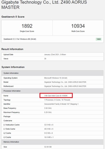 Intel Core i9-11900K. (Fonte de imagem: Geekbench)