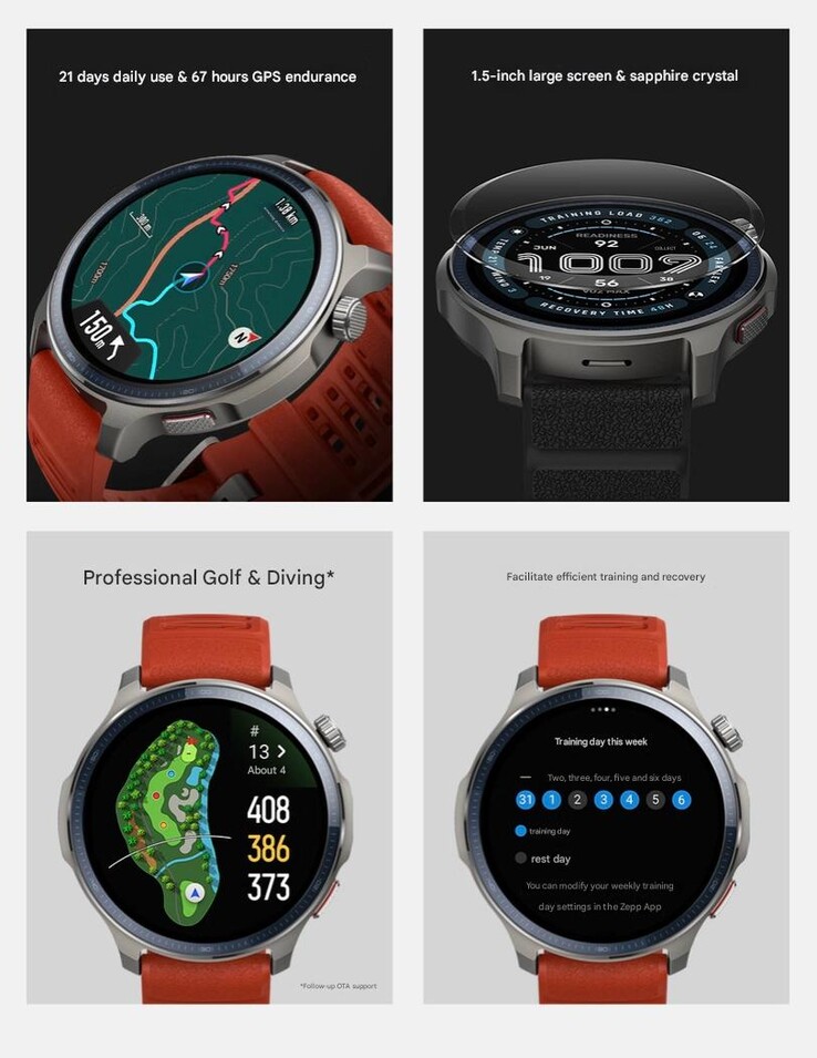 Uma postagem descrevendo alguns recursos do smartwatch Amazfit Balance 2. (Fonte da imagem: Amazfit, tradução automática)