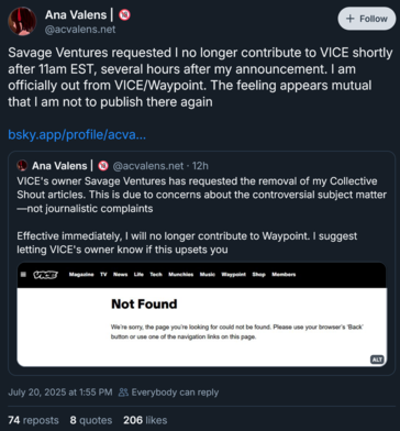 Ana Valens anuncia sua demissão da Vice (Fonte da imagem: captura de tela, conta Ana Valens no Bluesky)