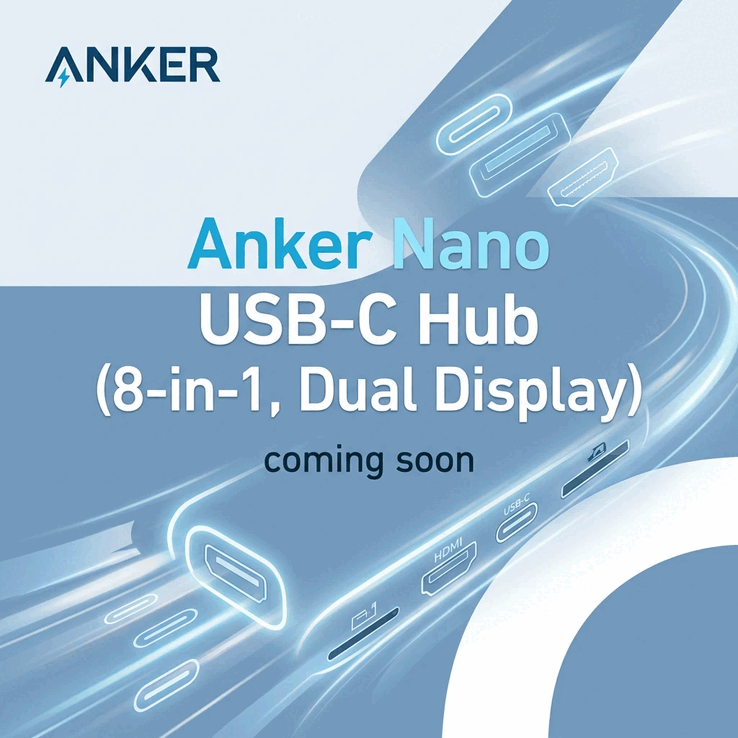 Uma imagem teaser do hub Anker Nano USB-C (8 em 1, tela dupla)