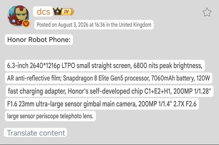 Especificações do Honor Robot Phone detalhadas na publicação da DCS no Weibo