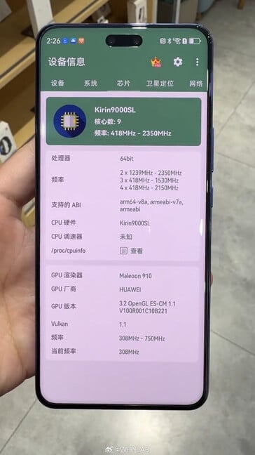 Especificações e velocidade de clock do Kirin 9000SL (Fonte da imagem: WHYLAB no Weibo)