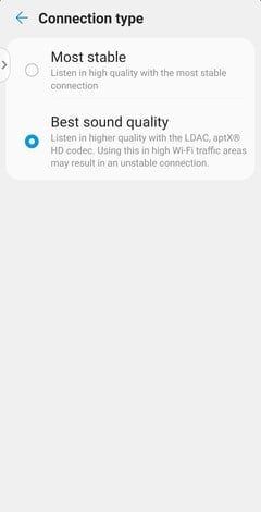 O tipo de conexão usa o codec SBC ou AAC no modo Most Stable e o codec LDAC de alta resolução no modo Best Sound Quality. (Fonte da imagem: Notebookcheck)