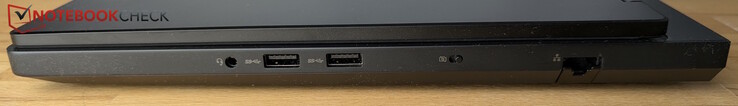 Direita: conector de fone de ouvido de 3,5 mm, 2× USB-A (5 Gbps), obturador da webcam, LAN