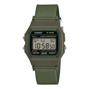 Casio F-91WF-3A com pulseira de tecido verde-oliva.