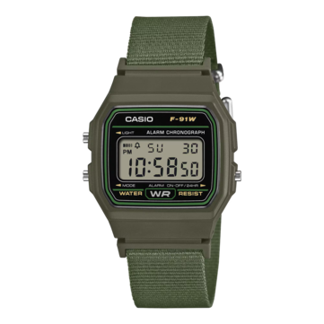 Relógio digital Casio F-91WF-3A com caixa preta com detalhes em verde e pulseira de tecido verde trançado.