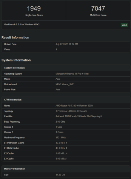 Listagem do Geekbench do Ryzen AI 5 330 (fonte da imagem: Geekbench)
