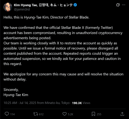 Publicação de Hyung-Tae Kim sobre o hack da conta Stellar Blade X (Fonte da imagem: captura de tela, conta Hyung-Tae Kim X)