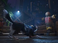 O agente T.H.U.N.D.E.R., o agente secreto pastor alemão de Barkour, agacha-se em uma área de treinamento usando equipamento de espionagem, com um castelo ao fundo e bonecos de alvo à frente. (Fonte da imagem: Varsav Game Studios via Steam)