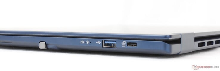 Direita: Caneta stylus, USB-A (5 Gbps), USB-C 4.0 com Power Delivery + DisplayPort