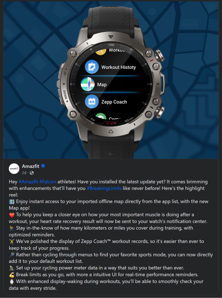 O registro de alterações da última atualização do smartwatch Amazfit Falcon. (Fonte da imagem: Amazfit)