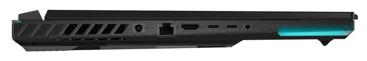 Lado esquerdo: alimentação, Gigabit Ethernet (2,5 Gbit), HDMI, Thunderbolt 4 (USB-C; DisplayPort, G-Sync), USB 3.2 Gen 2 (USB-C; Power Delivery, DisplayPort), porta combinada de áudio