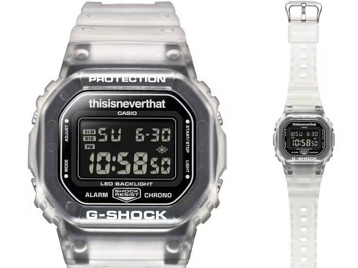 Vista frontal do Casio G-Shock DW-5600TNT-7, mostrando seu visor LCD invertido e sua luneta translúcida.
