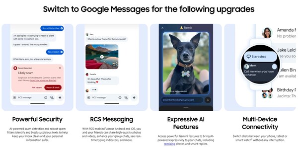 A Samsung afirma que a mudança para o Google Messages traz essas atualizações.