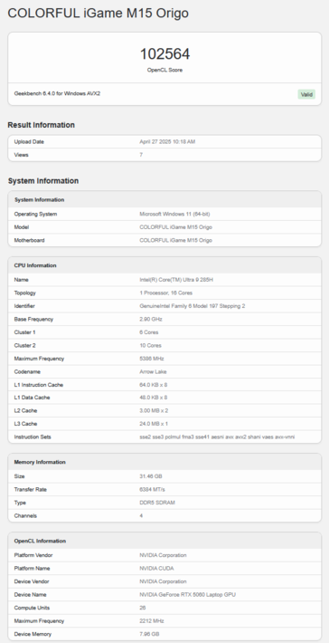 Pontuação Geekbench OpenCL do laptop RTX 5060 (fonte da imagem: Geekbench)