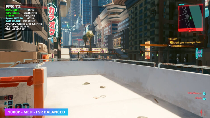 O Cyberpunk 2077 é executado a uma média estável de 70 FPS em configurações médias com FSR Balanced no AceMagic Retro X5.