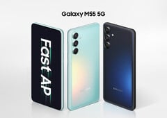 A Samsung projetou o Galaxy M55 com acabamentos em verde e azul (Fonte da imagem: Samsung)