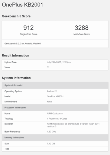 O OnePlus KB2001 no Geekbench. (Fonte de imagem: Geekbench)