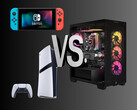 Gráfico de jogos de PC vs. console (Fonte da imagem: Nintendo of America, Sony PlayStation, Corsair Gaming com edições)
