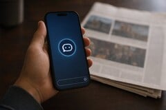 Uma mão segura um smartphone que exibe o ícone de um chatbot; ao lado dele, encontra-se um jornal impresso.