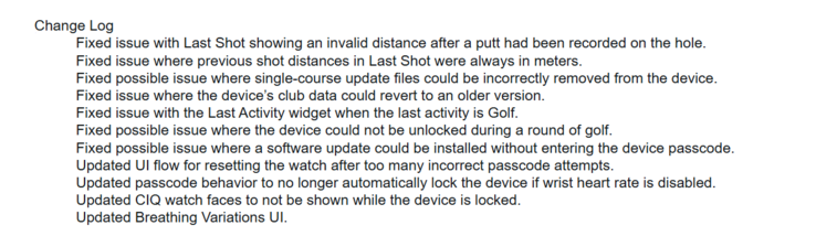 As notas de lançamento do software de sistema 6.58 para os relógios Garmin Approach S44 e S50. (Fonte da imagem: Garmin)