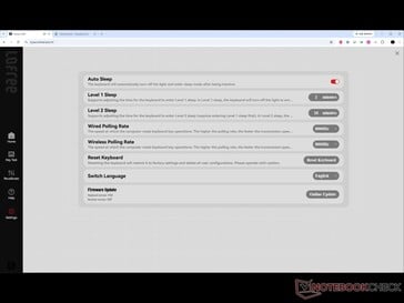 Configurações para modo de suspensão, taxa de atualização e atualização de firmware.