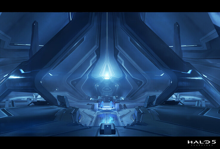 Uma vasta câmara interior em Halo 5: Guardians enfatiza a escala por meio de formas Forerunner imponentes, superfícies reflexivas e uma paleta azul-branca contida.