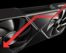GPU Nvidia RTX 5090 com seta voltada para baixo para indicar queda de desempenho.