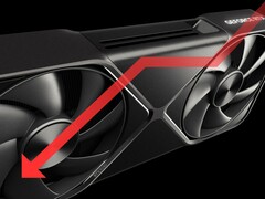 GPU Nvidia RTX 5090 com seta voltada para baixo para indicar queda de desempenho.