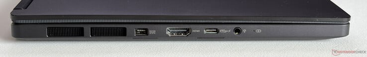 À esquerda: Alimentação, HDMI 2.1 FRL, USB-C 4.0 (40 Gbps, DisplayPort, fornecimento de energia), conector de fone de ouvido de 3,5 mm