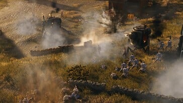 Uma imagem que mostra uma batalha em Iron Harvest.