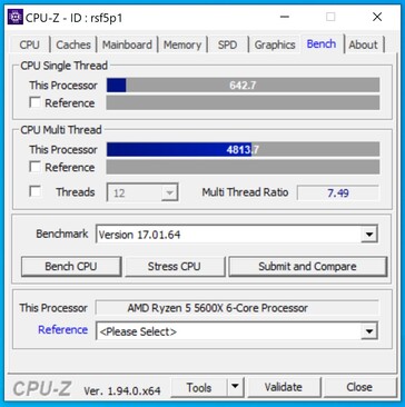 Teste AMD Ryzen 5 5600X CPU-Z com um só núcleo. (Fonte de imagem: @GawroskiT no Twitter)