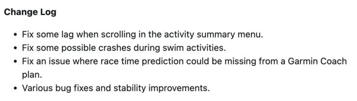 Registro de alterações da versão 27.09 do software Garmin Forerunner 255. (Fonte da imagem: Garmin)