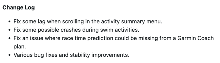 Registro de alterações da versão 27.09 do software Garmin Forerunner 255. (Fonte da imagem: Garmin)