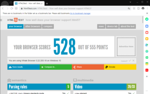 Seu navegador obteve 528 pontos de um total de 555 (Fonte da imagem: Captura de tela do html5test.com)