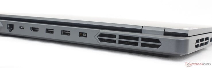 Traseira: RJ-45 (1 Gbps), USB-C 10 Gbps com fornecimento de energia de 140 W + DisplayPort 1.4, HDMI 2.1 (até 4K60), 2x USB-A 5 Gbps, adaptador CA