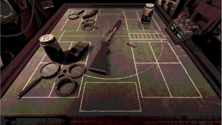 Uma captura de tela do Buckshot Roulette que mostra os itens aleatórios do jogo. (Fonte da imagem: Steam)