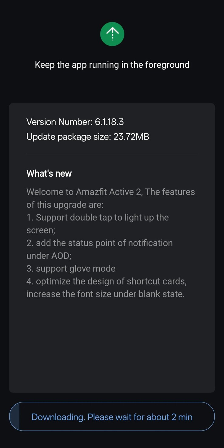 As notas de lançamento da versão 6.1.18.3 do software para o Amazfit Active 2. (Fonte da imagem: u/cliffr39 via Reddit)