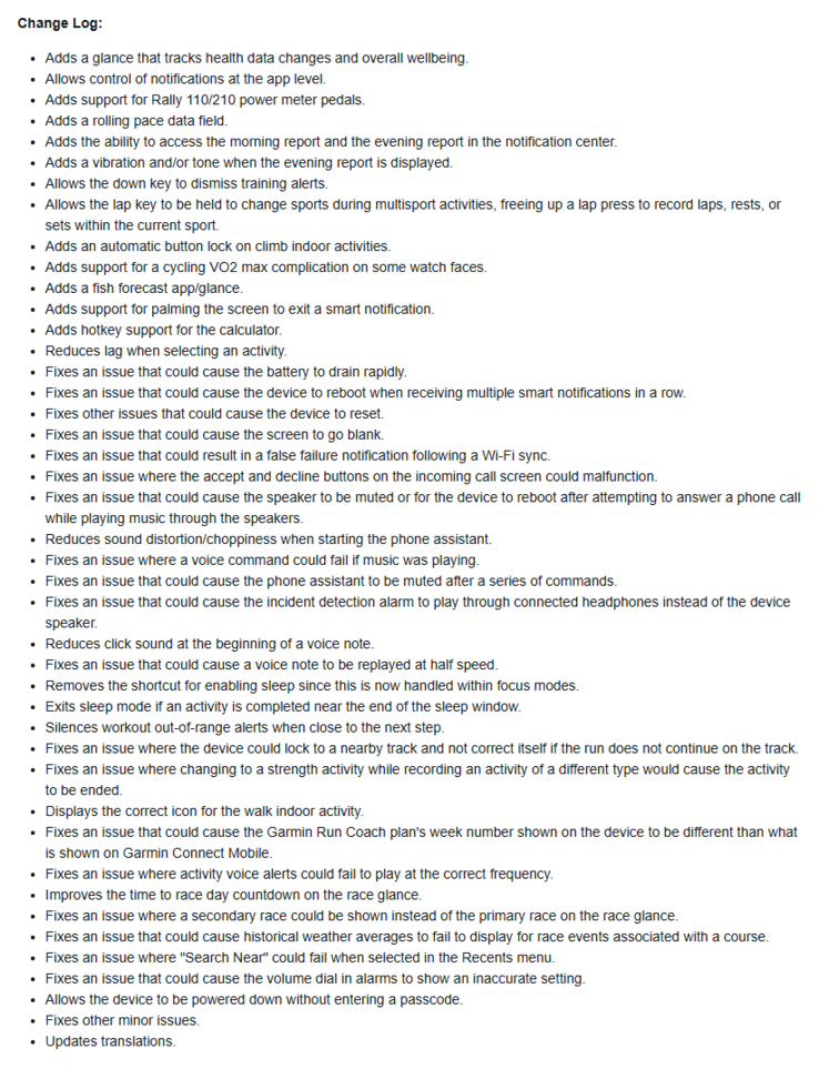 O registro de alterações da versão 15.16 do software para o smartwatch Garmin Forerunner 970. (Fonte da imagem: Garmin)