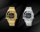 O Seiko Rotocall HFL003P em ouro e o HFL002P em aço inoxidável, expostos lado a lado sobre um fundo preto, ambos com tela LCD em negativo, luneta giratória e pulseira integrada de aço inoxidável.