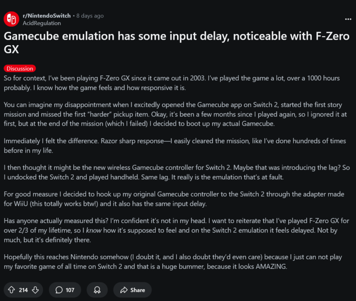 Reclamações sobre o emulador de GameCube do Switch 2 (Fonte da imagem: captura de tela, subreddit do Nintendo Switch)